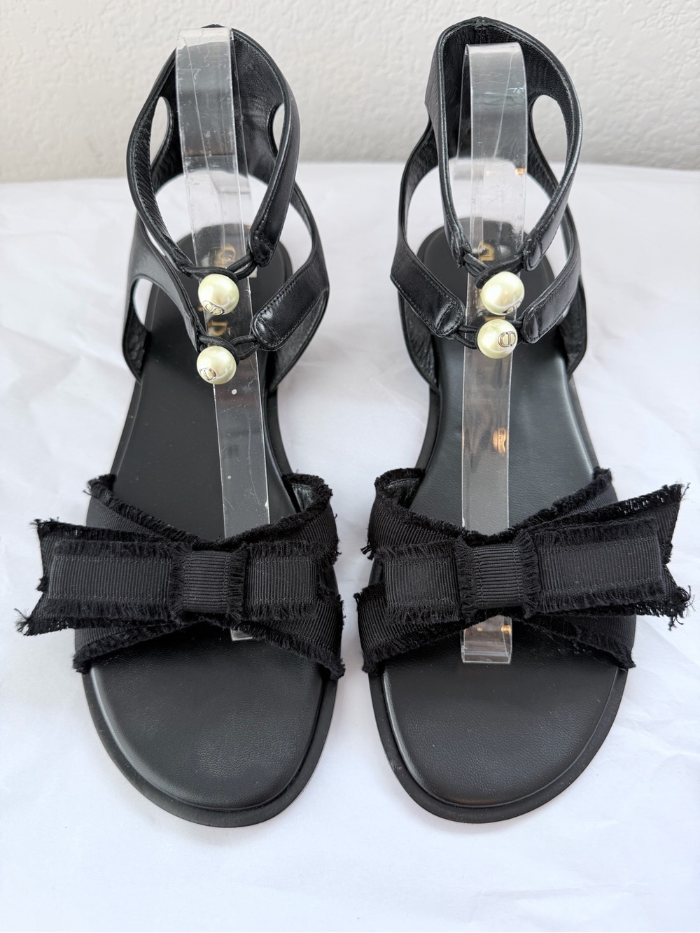 Christian Dior Adiorable Black Sandals Frayed Bow ankle strap Pearl detail sz 40